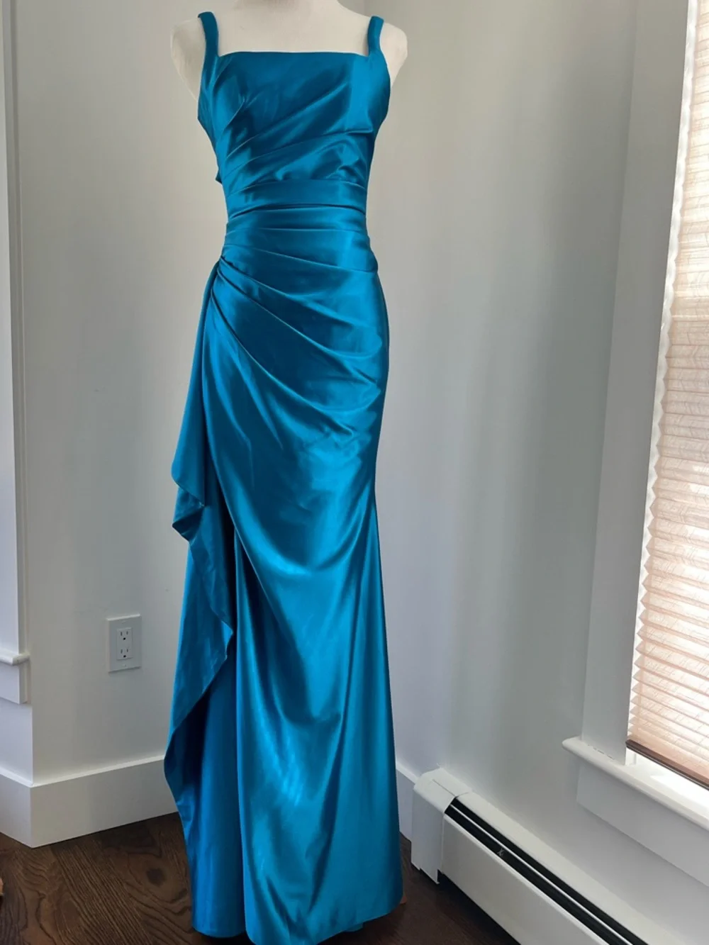 NWT | Stacees | Ink Blue Square Neckline Ruched Prom Dress w/Side Cascading Slit - Picture 3 of 5